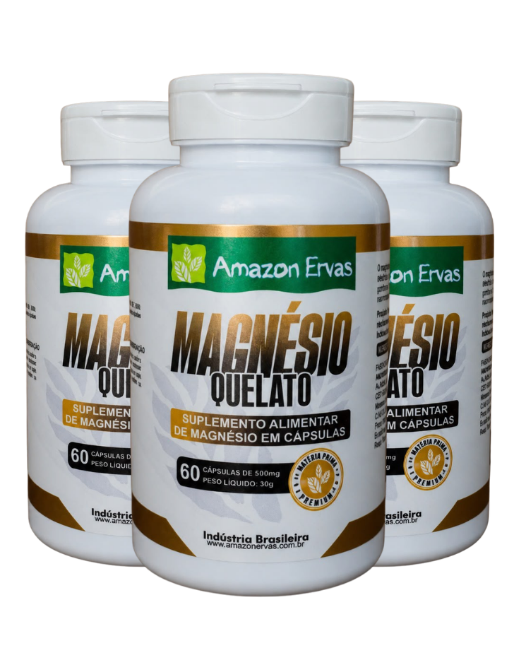 Kit 3 potes de Magnésio Quelato 500mg Amazon Ervas